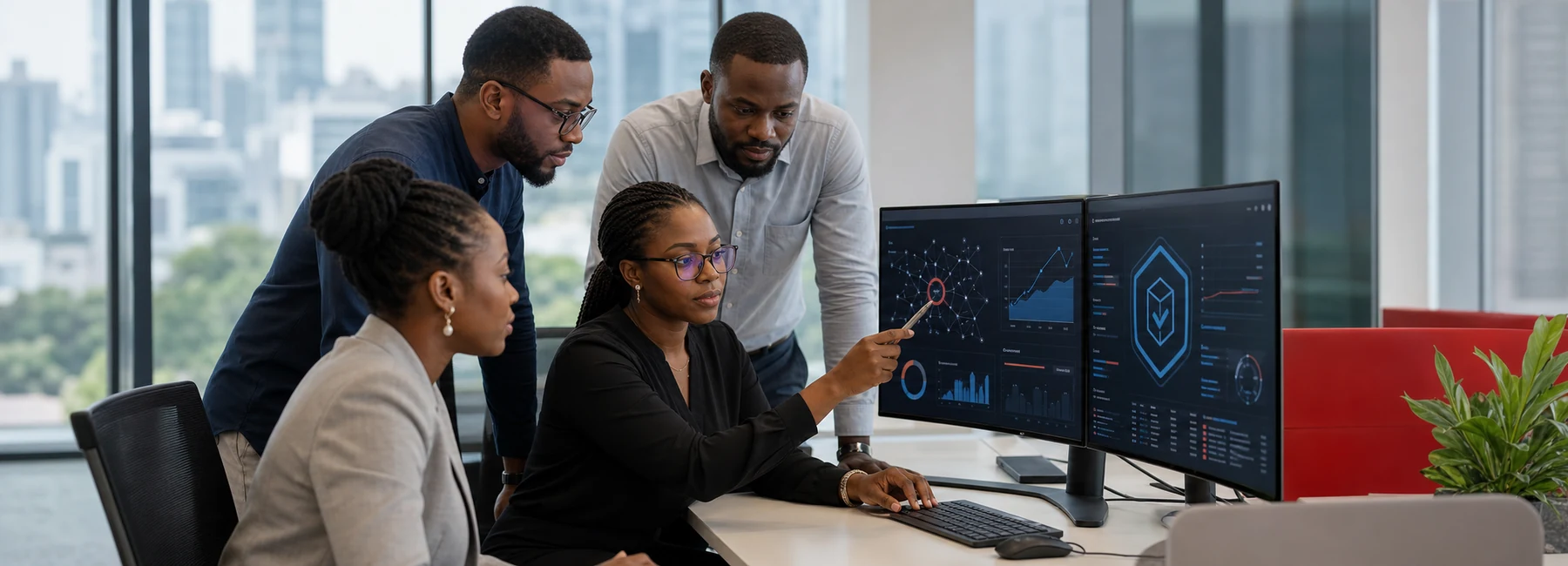 Équipe africaine de microfinance, des risques et de l’IT analysant une anomalie dans un environnement numérique contrôlé.